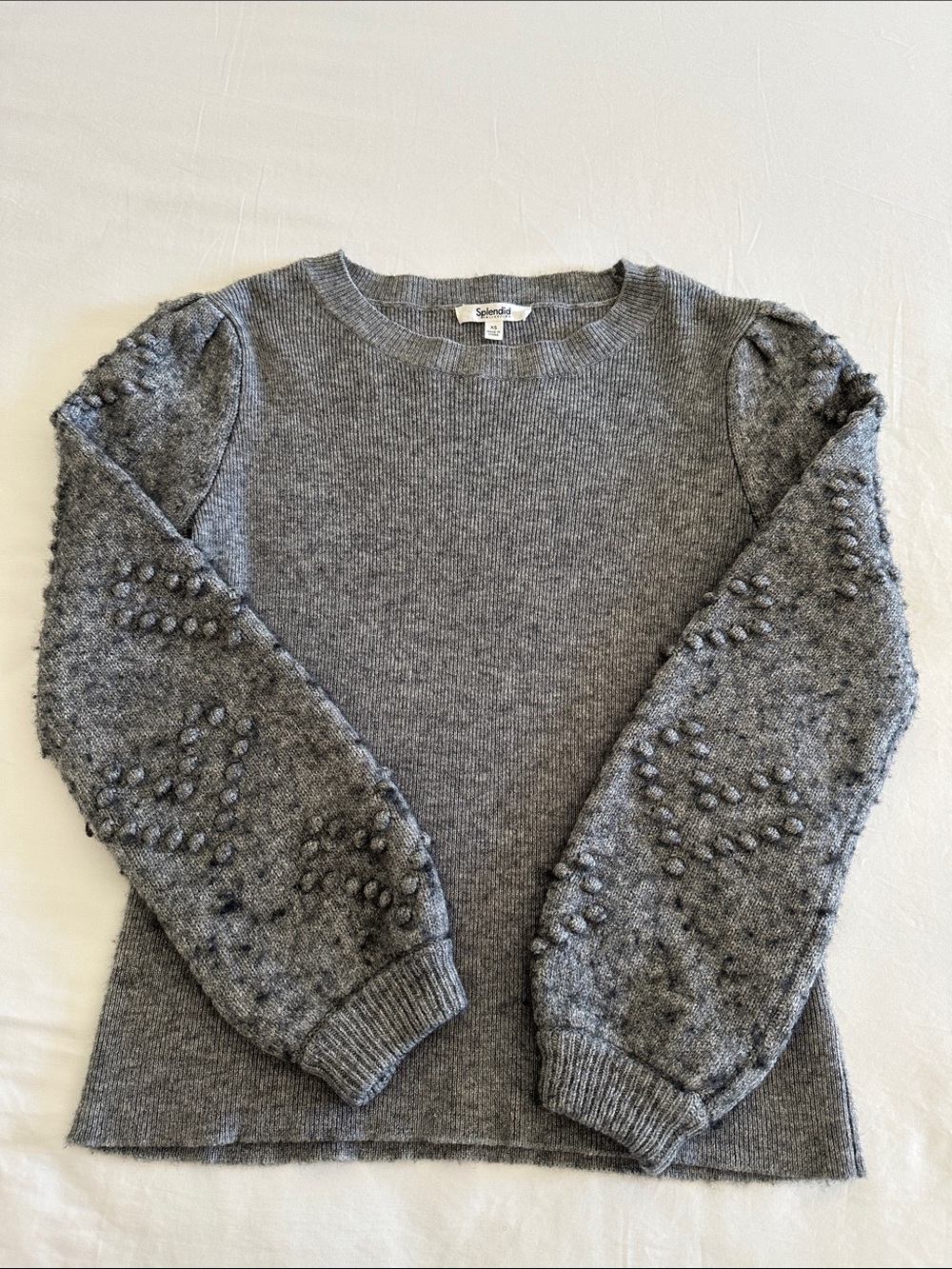 Splendid Gray Crewneck Sweater with Pom-Pom Textured Sleeves